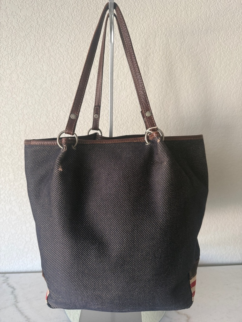 Vintage Burberry London Blue Label Tote Denim Canvas Leather Trim w/COA